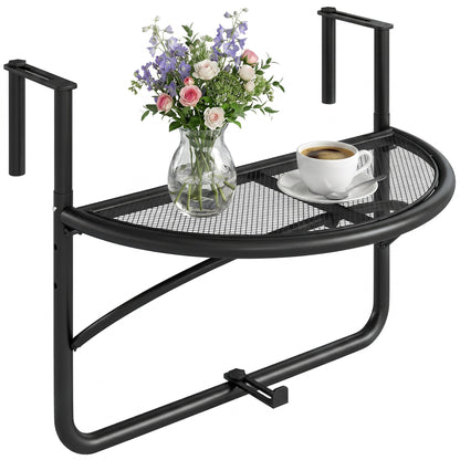 Adjustable Balcony Hanging Rail Table Metal Mounting Mini Wall Desk Storage Rack Outdoor Flower Stand, Black