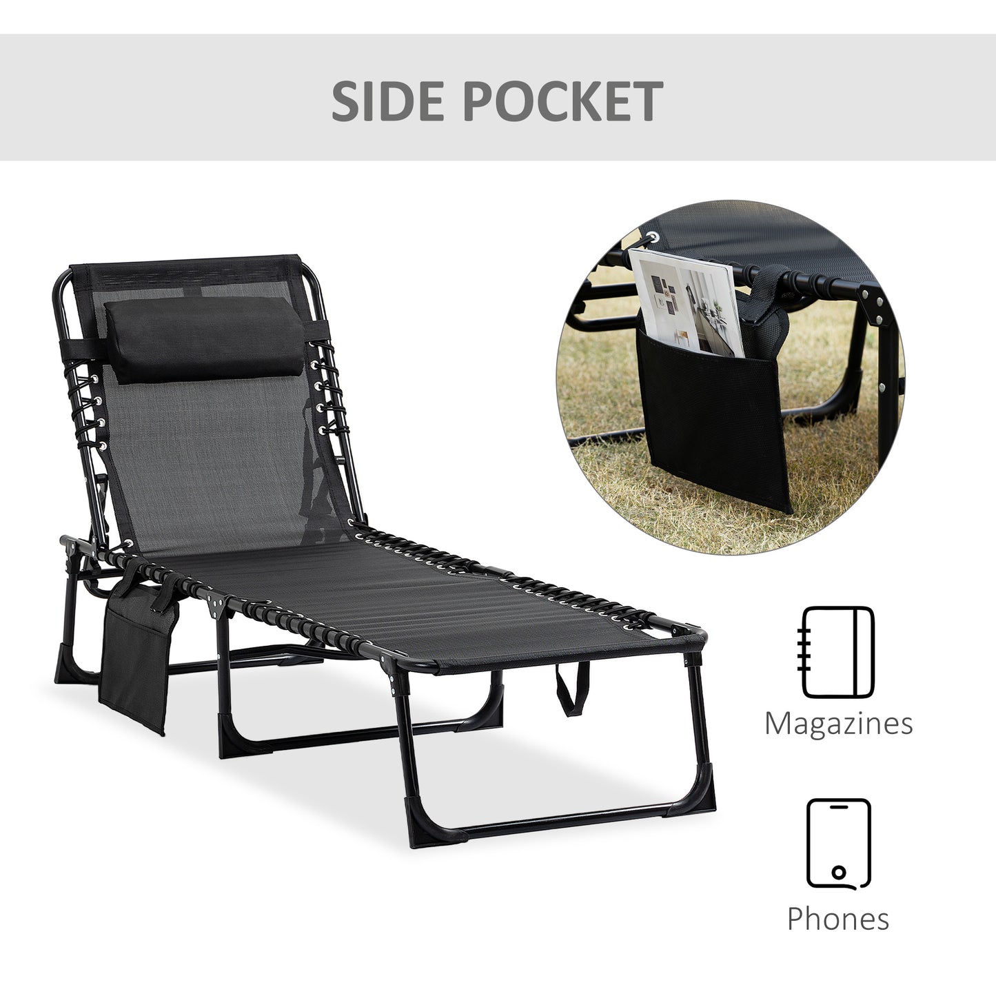 Outdoor Folding Chaise Lounge, Reclining Lounge Chair with Adjustable Backrest and Removable Pillow, Black