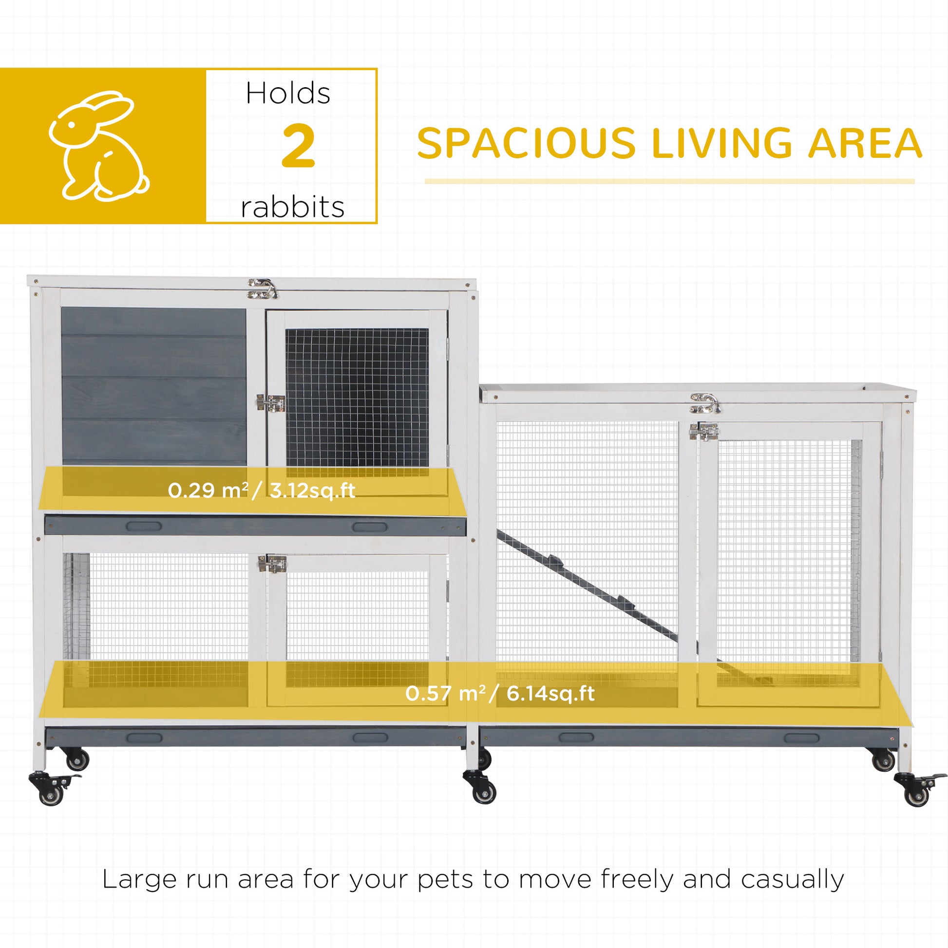 Wooden Rabbit Hutch Elevated Pet House Bunny Cage Small Animal Habitat with Slide-out Tray Lockable Door Openable Top for Indoor 58" x 18" x 35" Grey