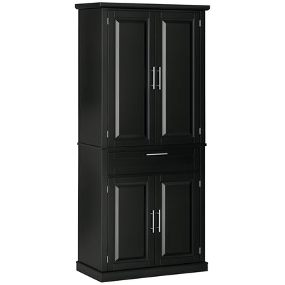 72" Kitchen Pantry Cabinet, Freestanding Storage Cabinet, 4-Door Cabinet with Drawer and Adjustable Shelves, Black