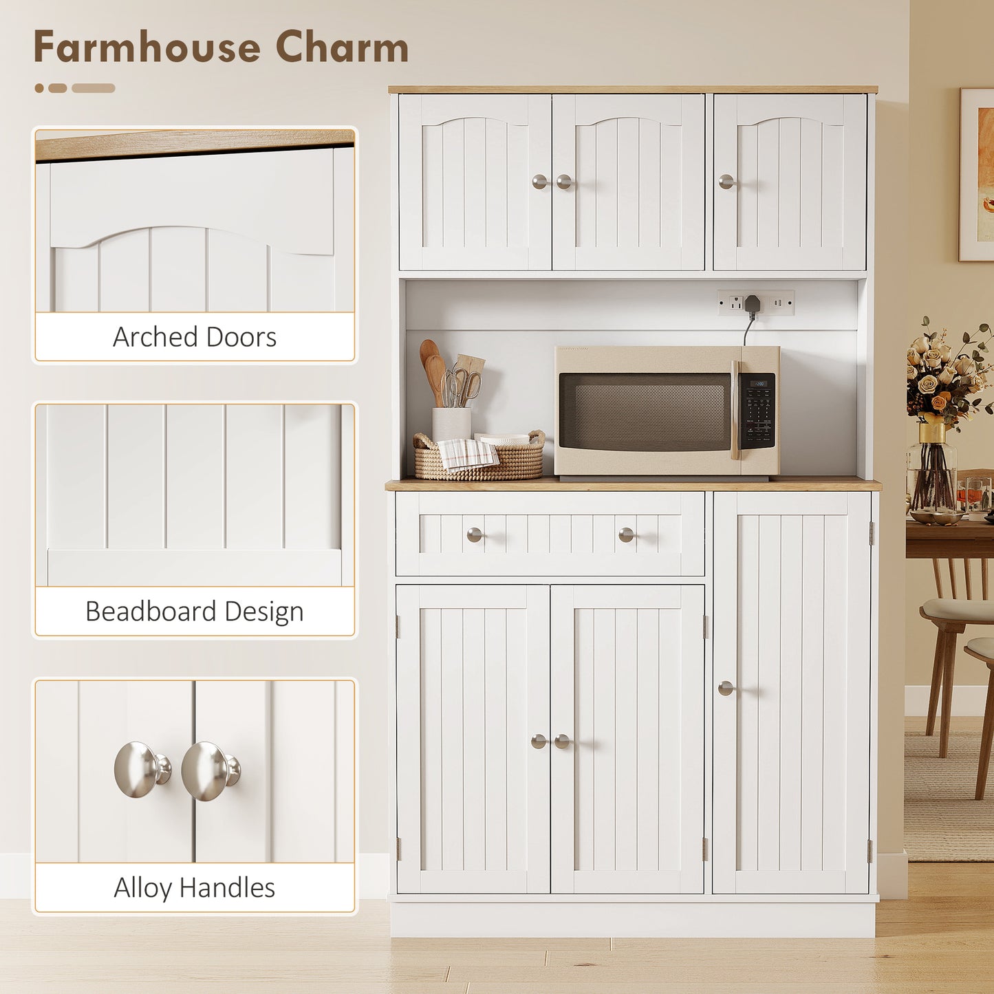 68" Pantry Cabinet with Charging Station, Kitchen Storage Cabinet with Microwave Stand, 4 Door Racks, White