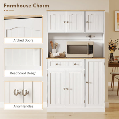 68" Pantry Cabinet with Charging Station, Kitchen Storage Cabinet with Microwave Stand, 4 Door Racks, White