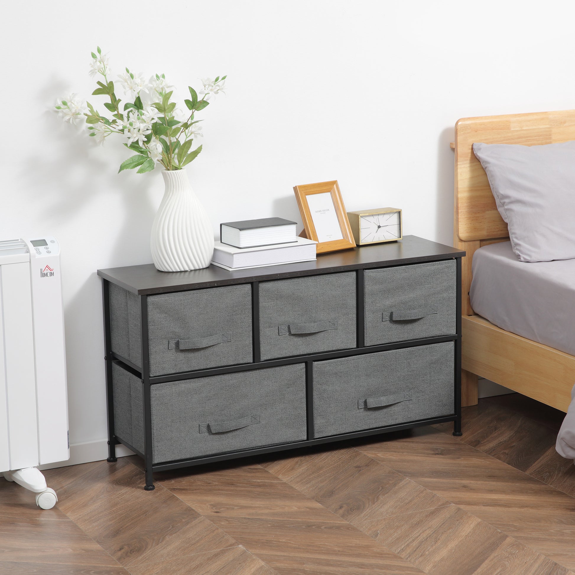 Linen Drawer Cabinet Organizer Storage Dresser Tower with 5 Removable Drawer Metal Frame Adjustable Feet for Living Room, Kitchen, Bathroom, Dark Grey