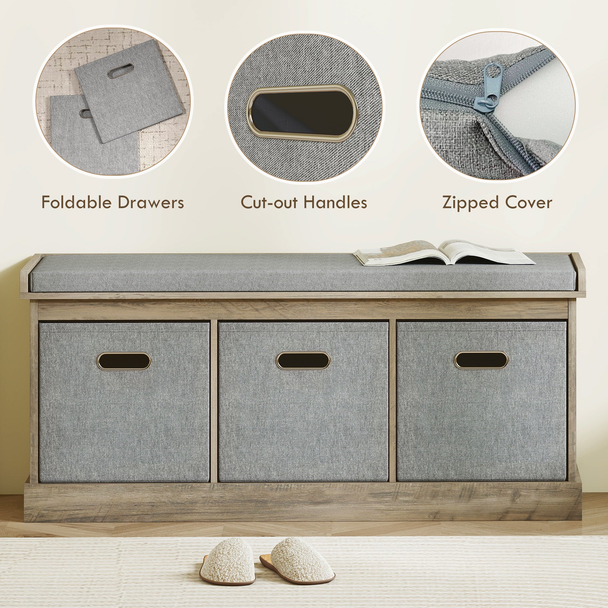 Shoe Storage Bench with Seat, Entryway Bench Seat with Cushion, 3 Fabric Drawers for Hallway, Washed Grey
