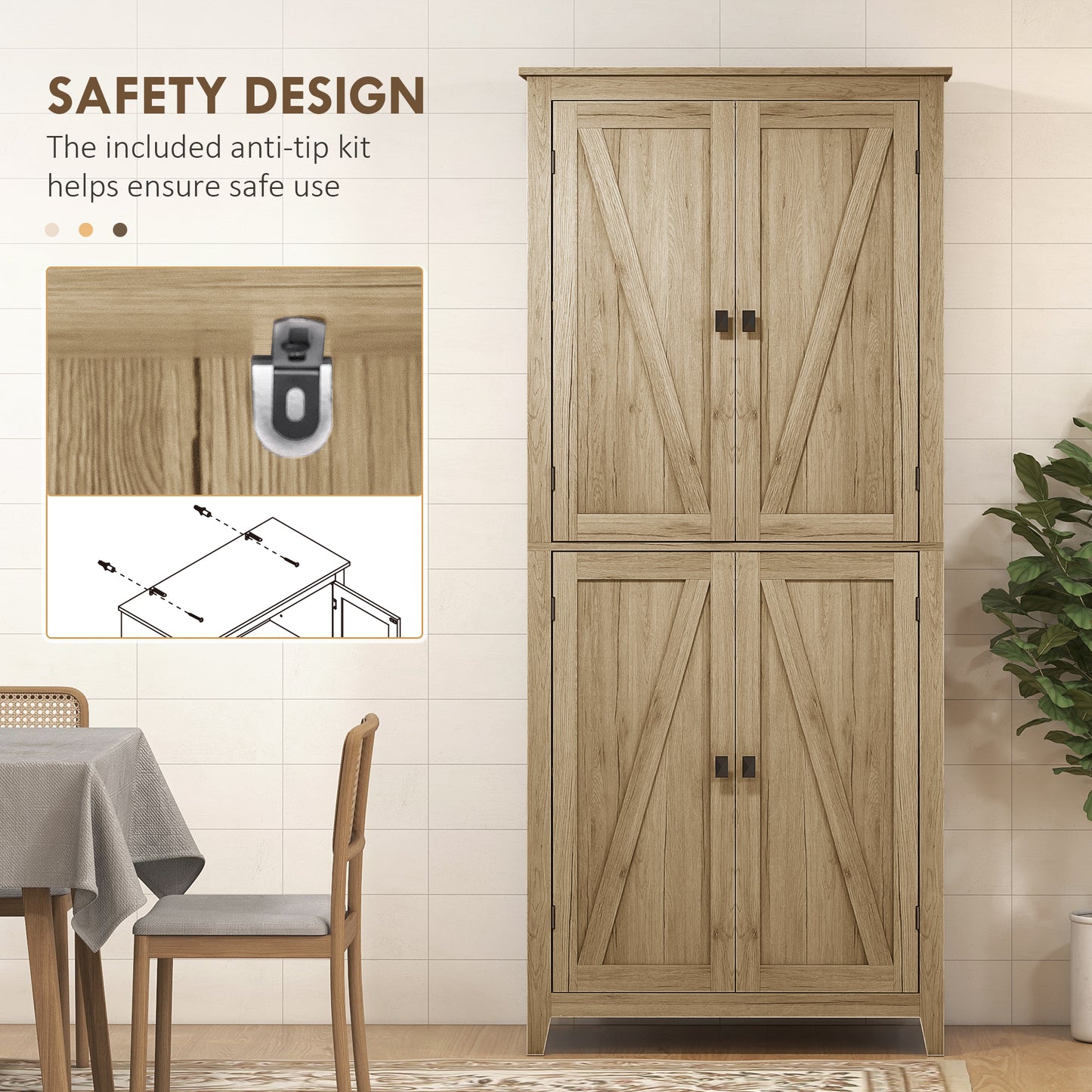72" Freestanding Storage Cabinet, Kitchen Pantry Cabinet with Doors and Shelves for Dining Room, Natural