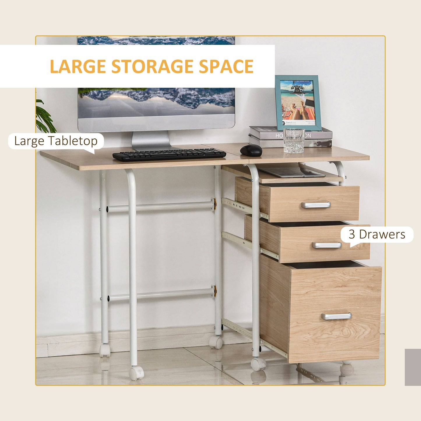 Foldable Computer Desk with Drawers, Executive Student Table with Storage Shelf, 6 Wheels for Bedroom Home Office Workstation, Natural