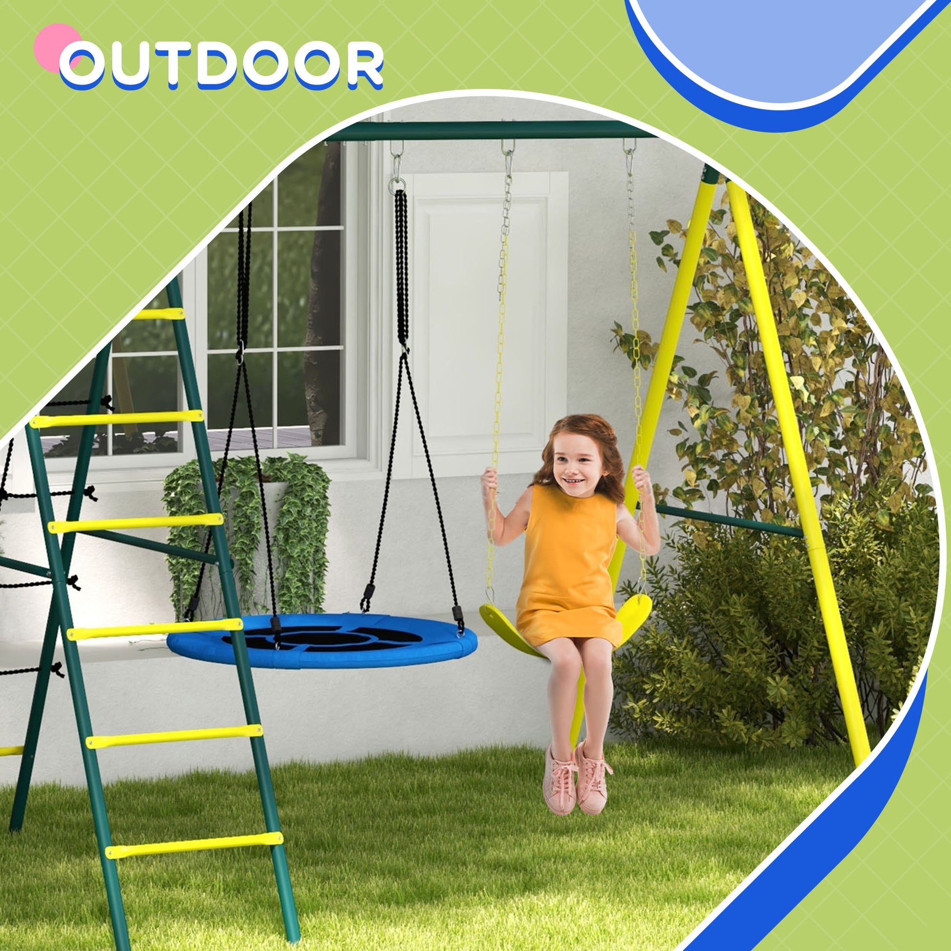4 in 1 Swing Set for Kids with Saucer Swing, Seat, Climbing Ladder/Net, Basketball Hoop for 3-8 Years Old, Yellow