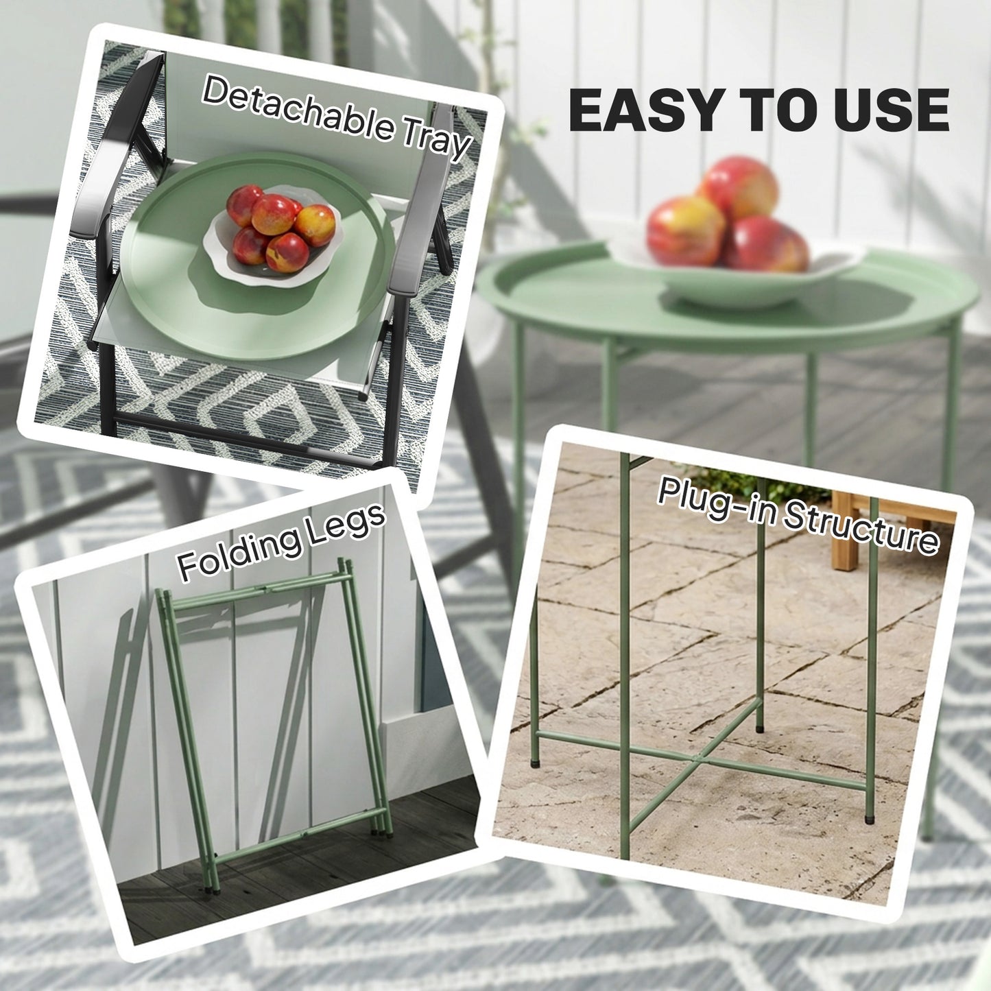 18" Outdoor Side Table with Removable Tray and Folding Legs, Indoor Outdoor for Balcony, Porch, Green