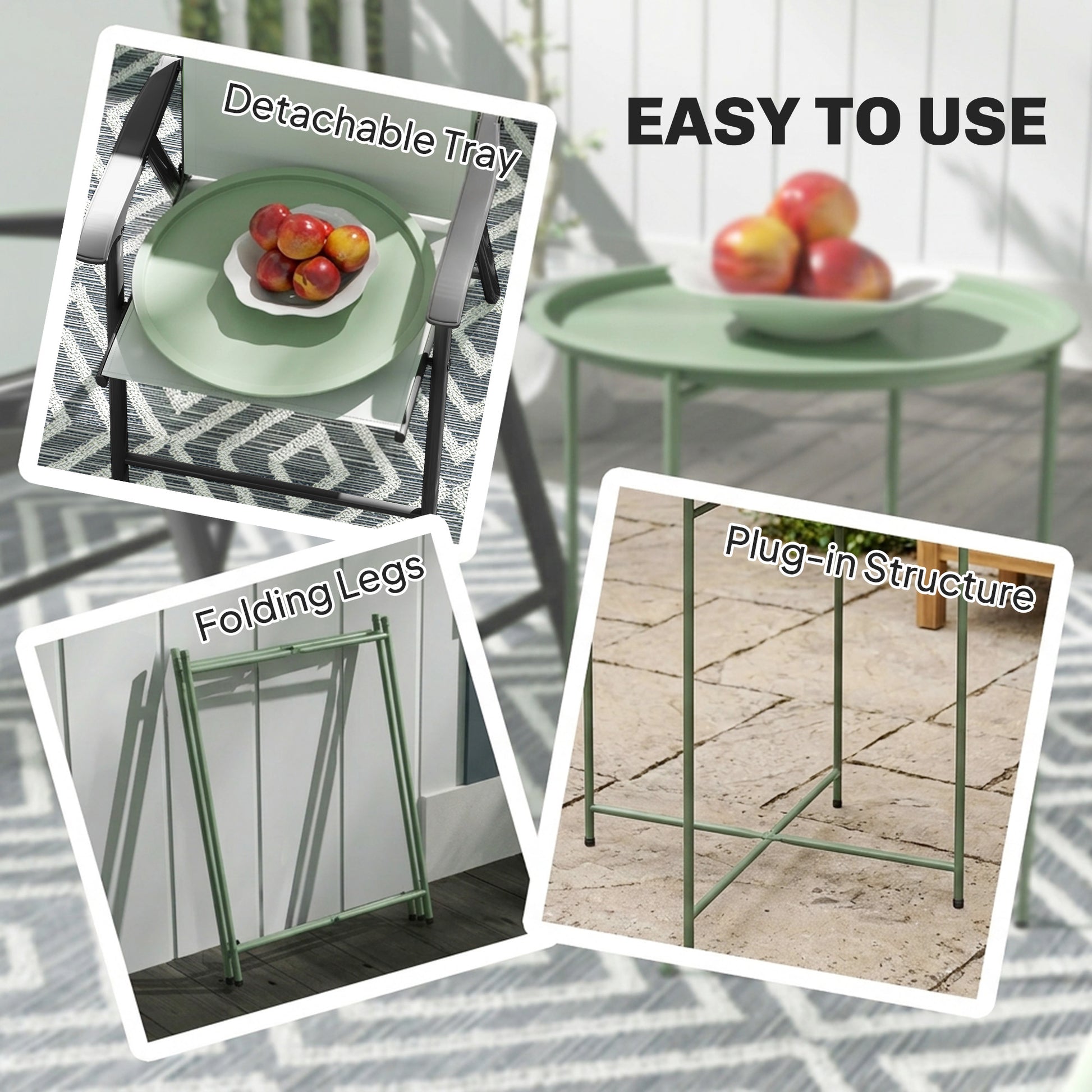 18" Outdoor Side Table with Removable Tray and Folding Legs, Indoor Outdoor for Balcony, Porch, Green