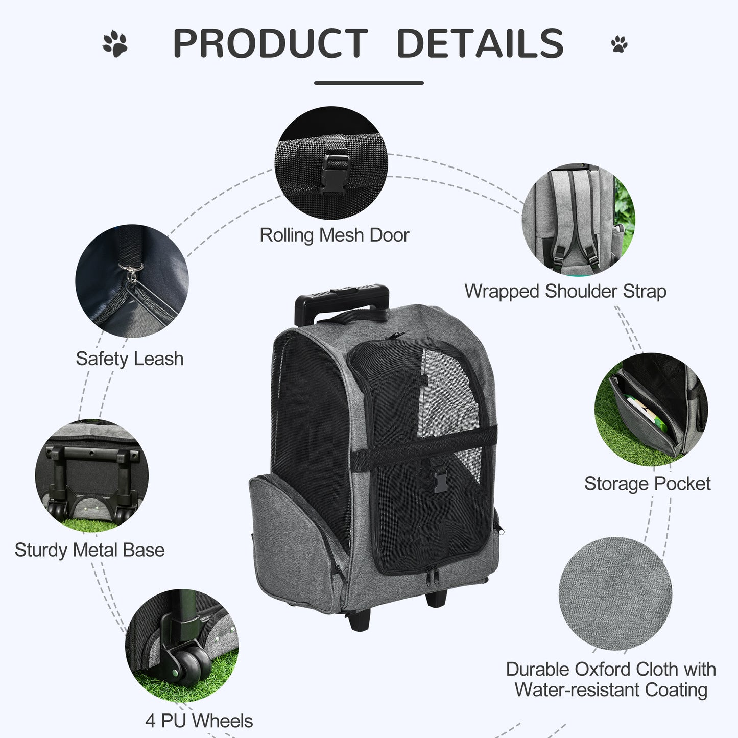 2-IN-1 Pet Luggage Box Backpack Carrier Cats Dogs w/ Handle, Rolling Wheel Grey