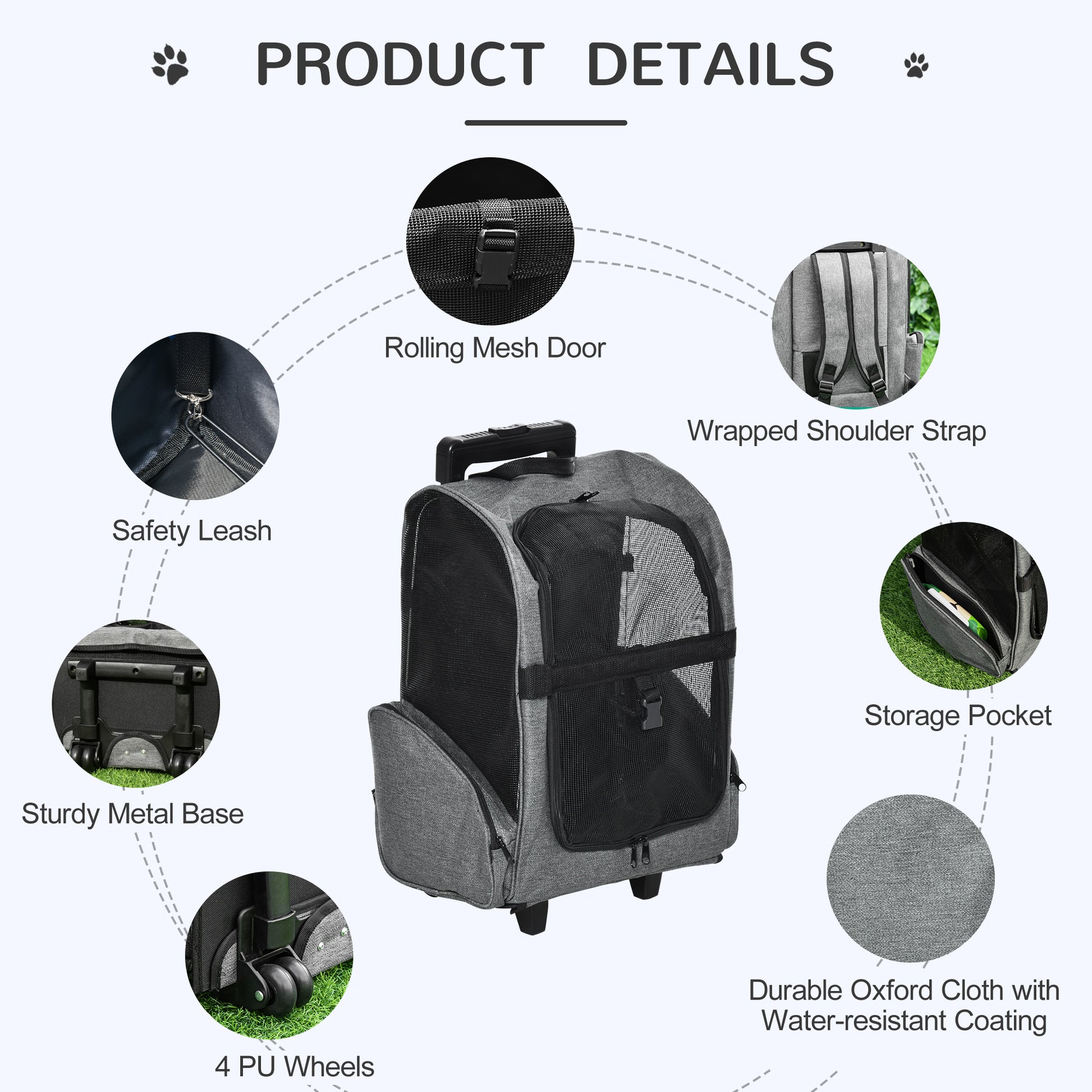 2-IN-1 Pet Luggage Box Backpack Carrier Cats Dogs w/ Handle, Rolling Wheel Grey