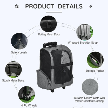 2-IN-1 Pet Luggage Box Backpack Carrier Cats Dogs w/ Handle, Rolling Wheel Grey