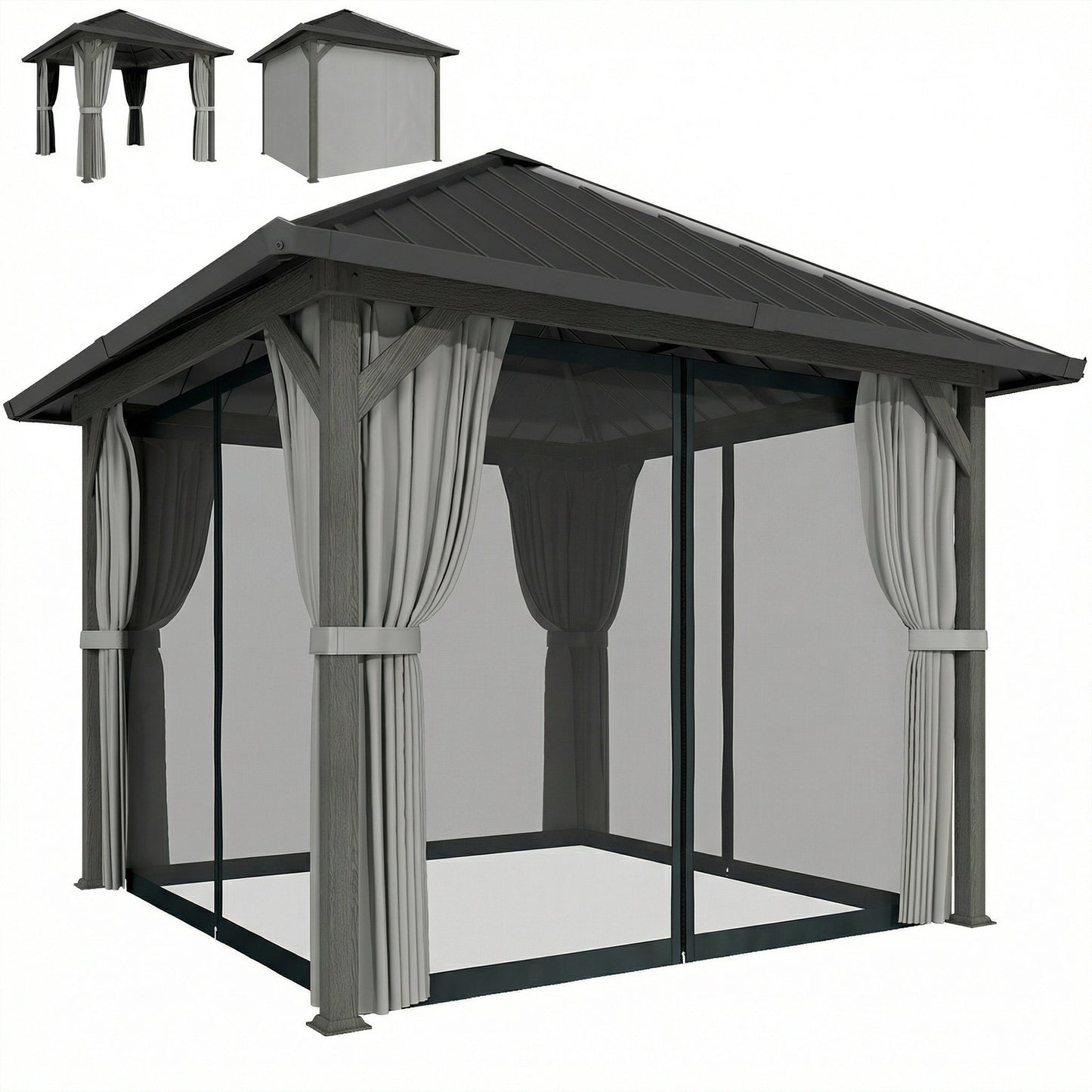 10' x 10' Hardtop Gazebo with Galvanized Steel Roof, Permanent Garden Gazebo with Netting and Curtains