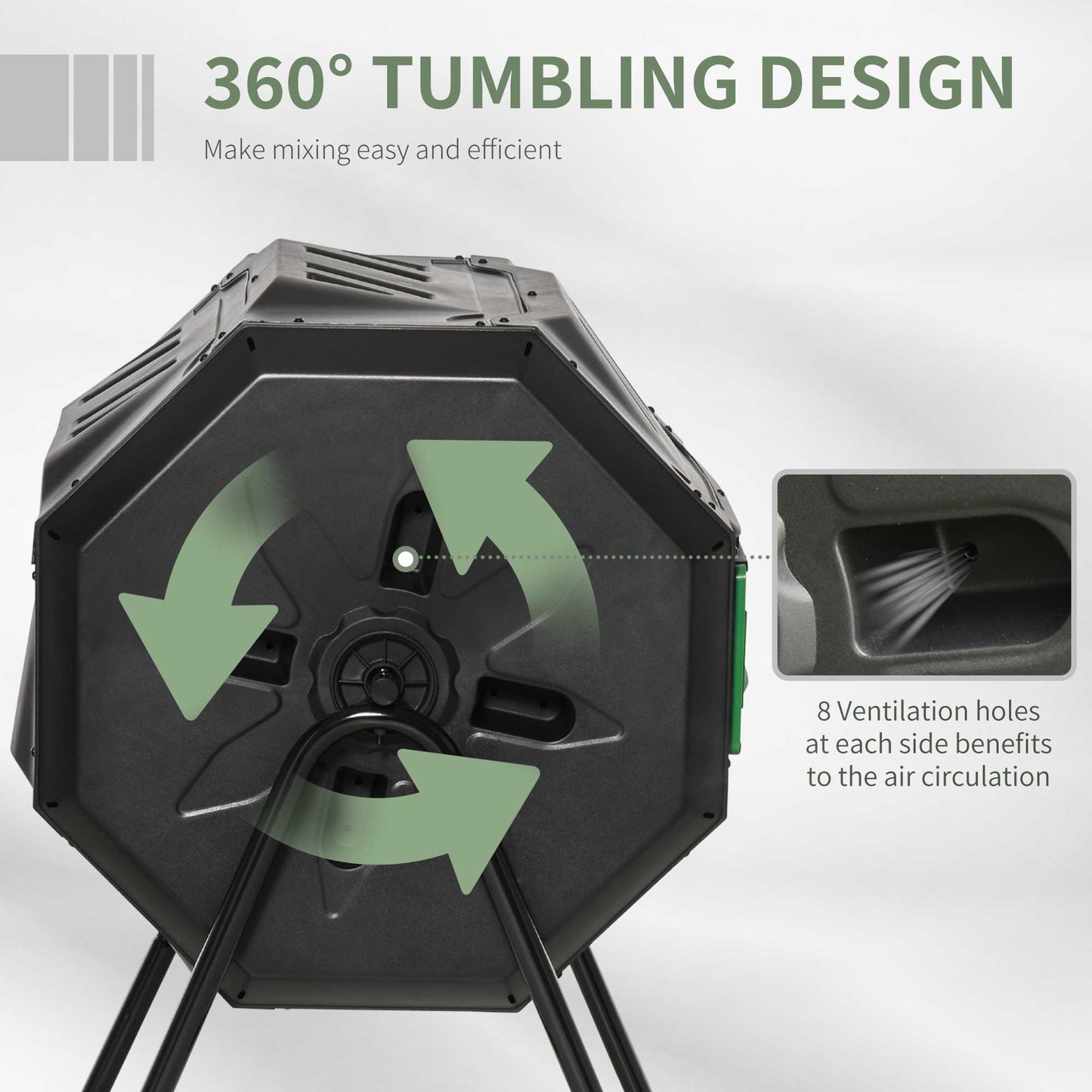 Tumbling Compost Bin Outdoor Dual Chamber 360° Rotating Composter 43 Gallon with Sliding Doors, Green