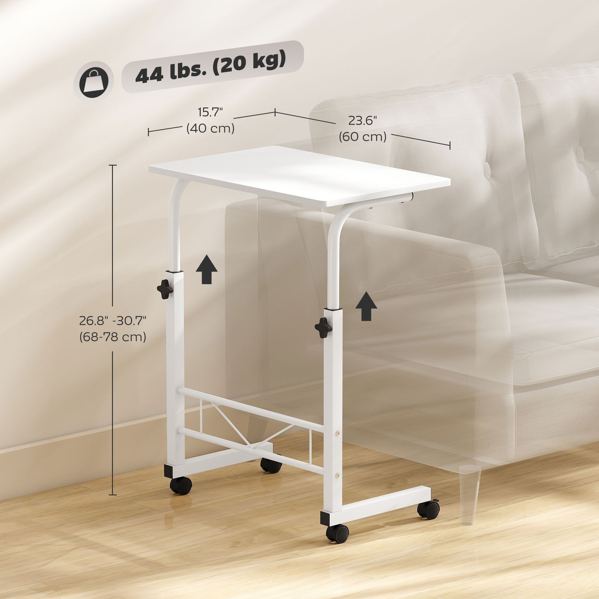 Mobile Standing Desk with Adjustable Height, 23.5 inch Stand Up Desk with Wheels, White