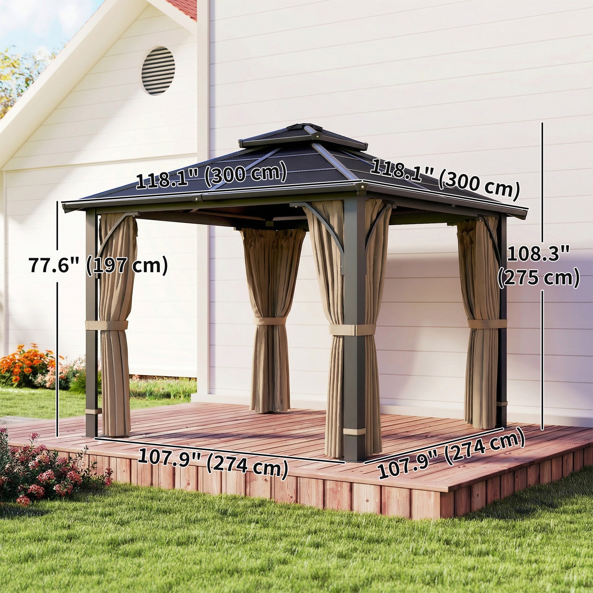 10' x 10' Hardtop Gazebo with 7mm Polycarbonate Double-Tier Roof, Outdoor Gazebo with Netting and Curtains, Khaki