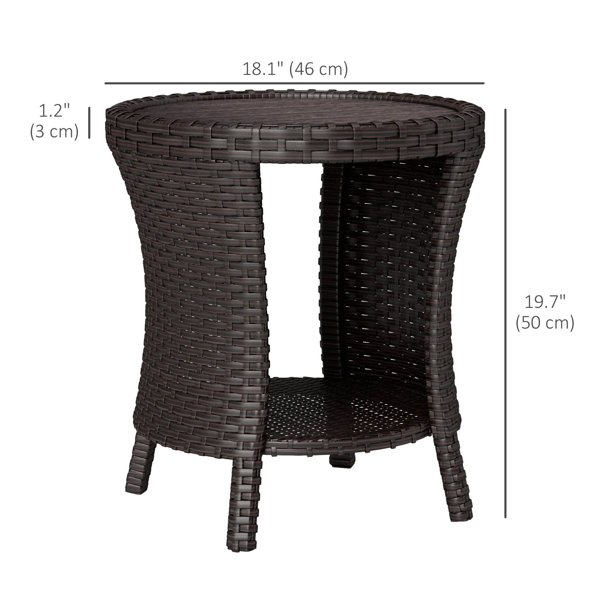 18" Wicker Outdoor Coffee Table, PE Rattan Patio Side Table with 2-Tier Storage, Composite Wood Top, Brown