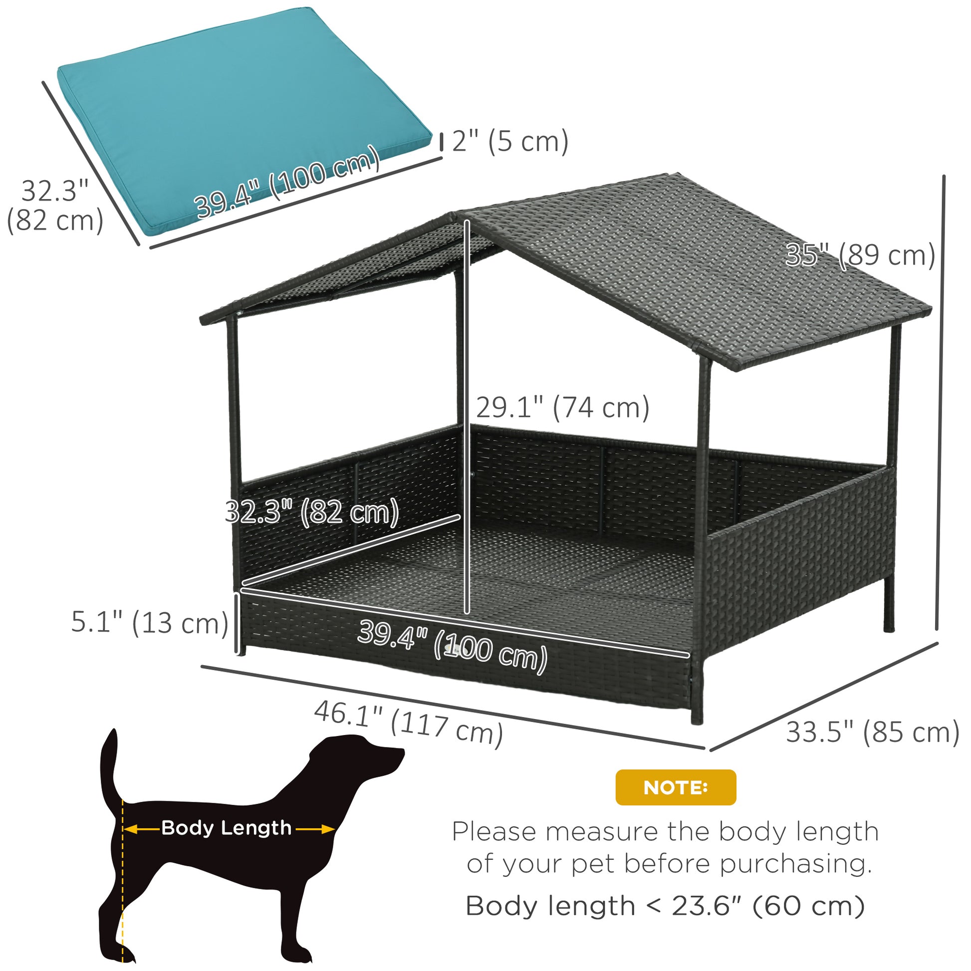 Rattan Dog House with Canopy, Wicker Dog Bed with Water-Resistant Cushion, for Small and Medium Breeds Blue