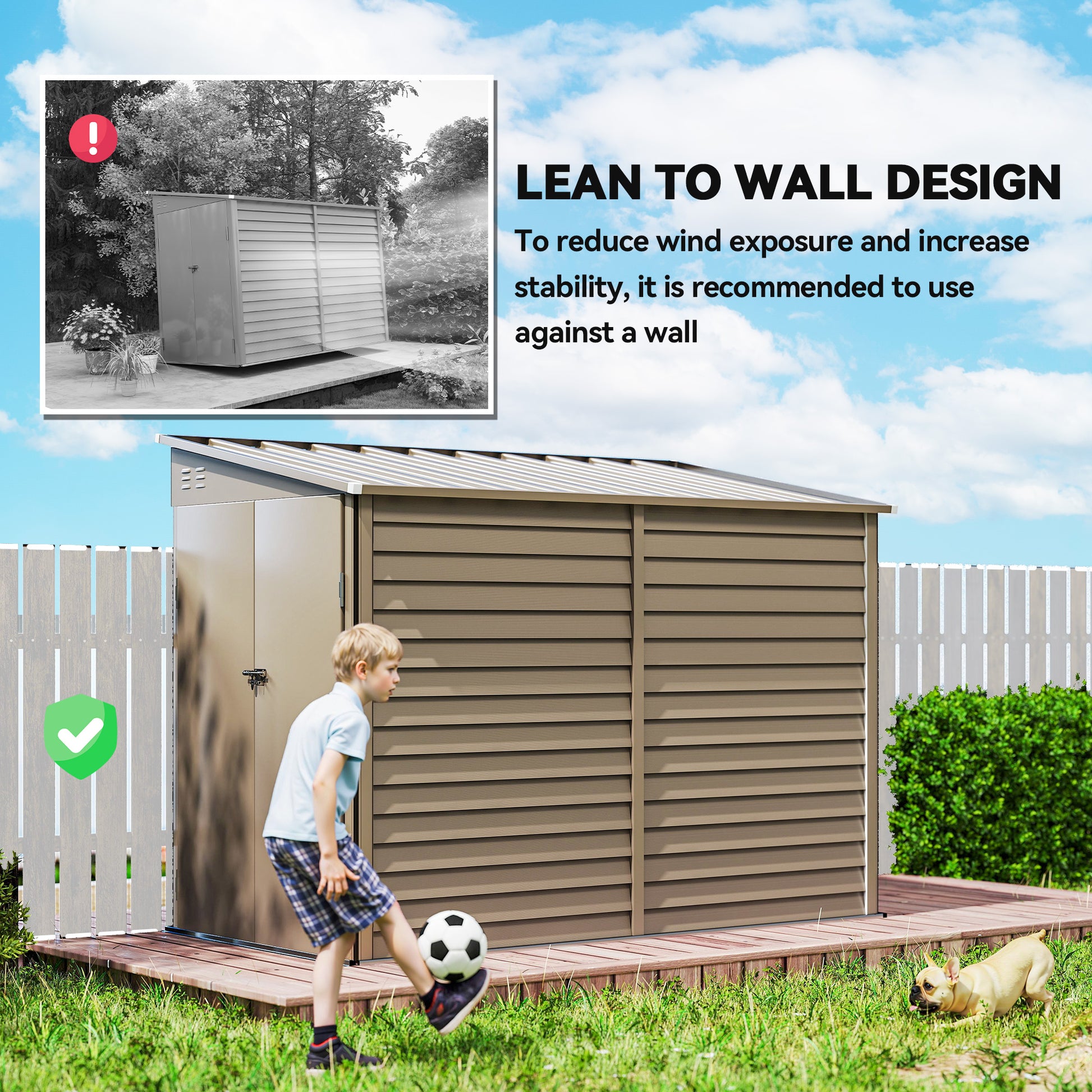 4.6' x 9' Steel Outdoor Storage Shed, Lean to Shed, Metal Tool House with Foundation Kit, Lockable Doors, Gloves and 2 Air Vents for Backyard, Patio, Lawn, Brown