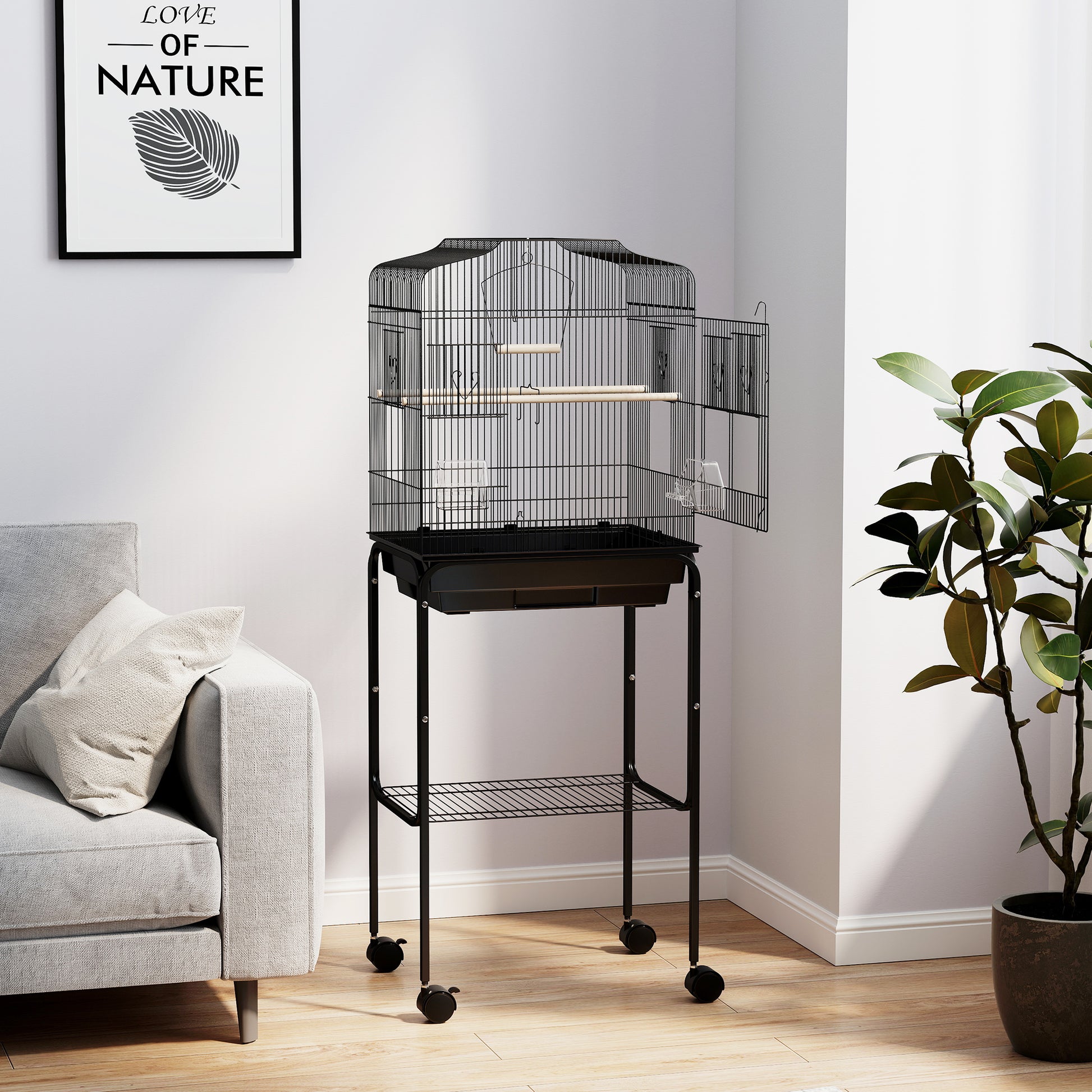49" Rolling Bird Cage Cockatoo House Play Top Finch Pet Supply with Storage Shelf, Wheels - Black