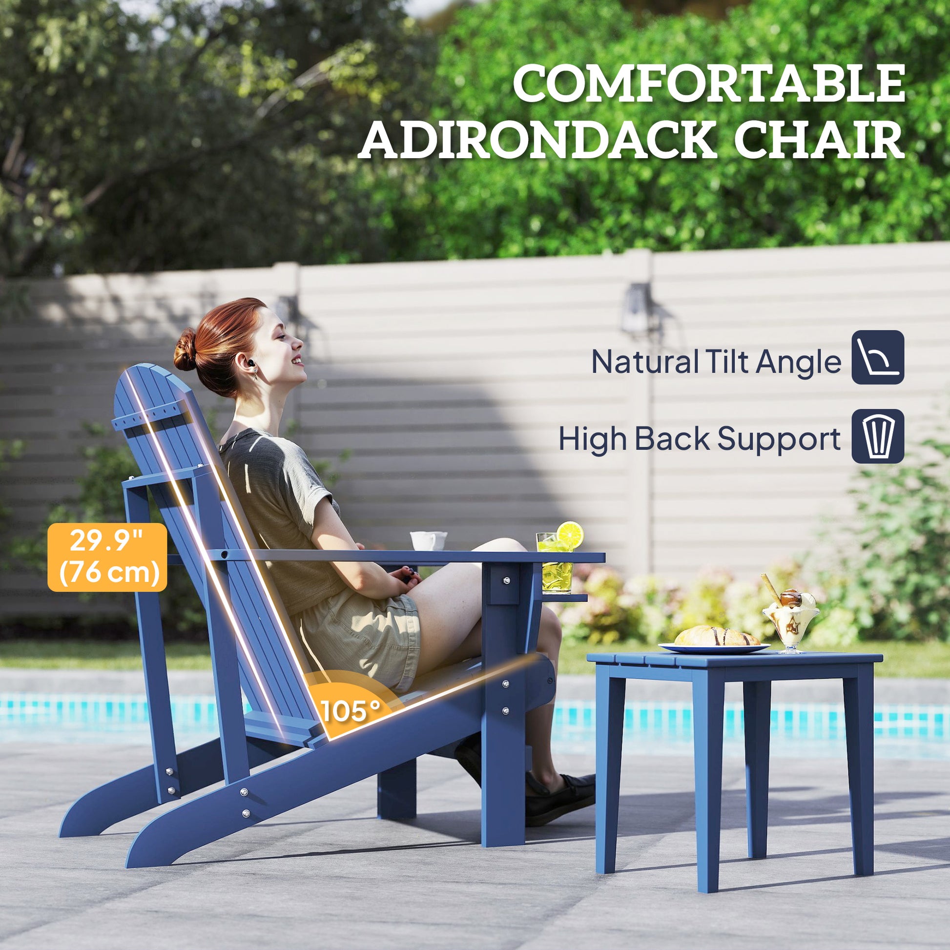 Classic Adirondack Chair, Muskoka Chairs, Garden Deck Chair with Cup Holder for Patio, Indoor, Backyard, Navy Blue