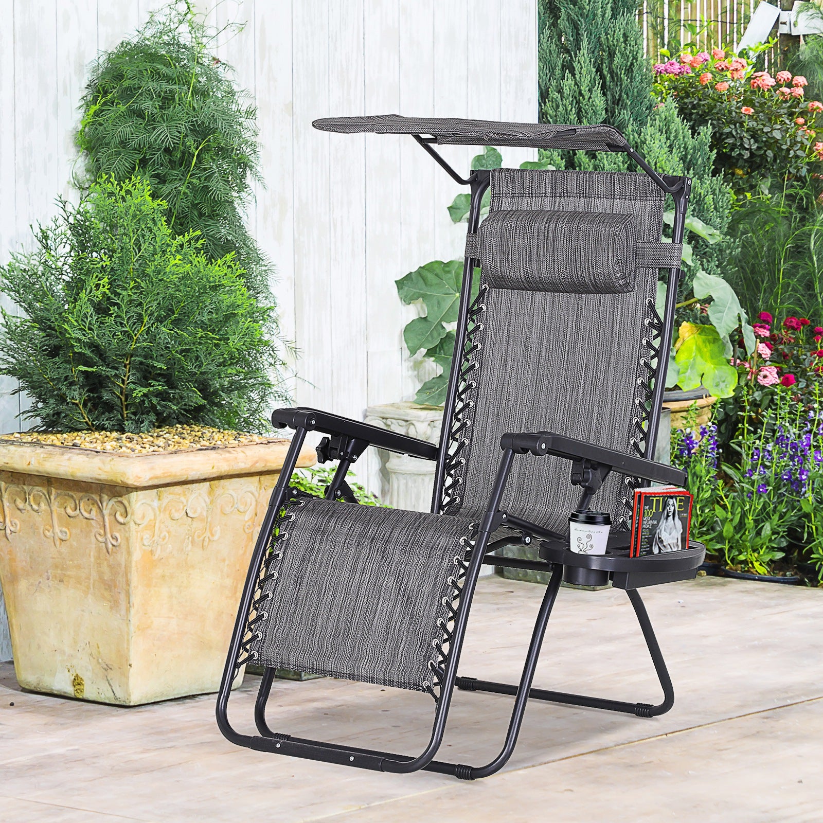 Outdoor Zero Gravity Reclining Lounger Chair with Canopy Shade, Side Tray, Cupholder, Dark Grey