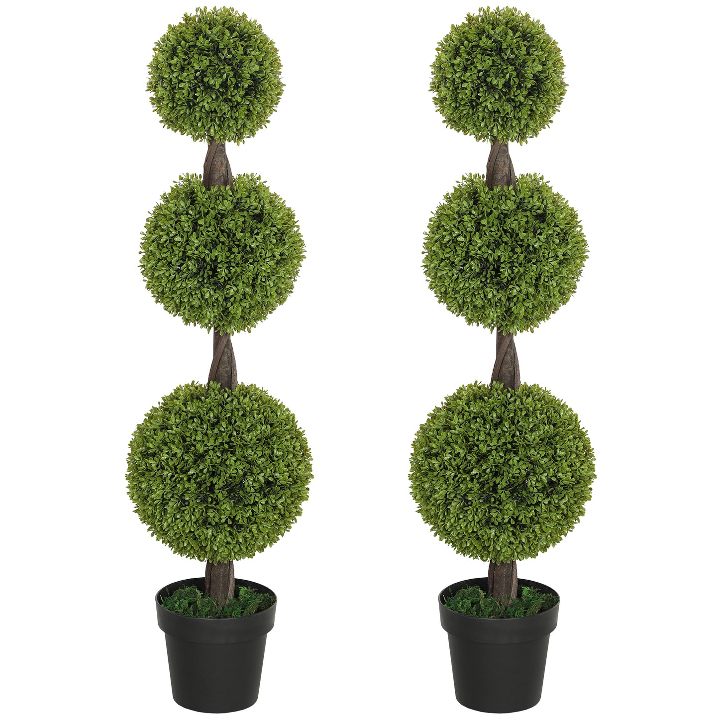 Set of 2 Artificial Ball Boxwood Topiary Trees, Fake Plants in Pots for Indoor Outdoor Decor, Green