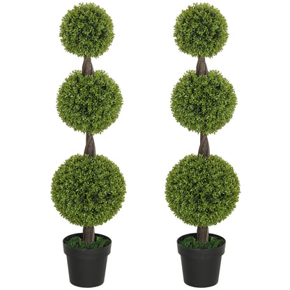 Set of 2 Artificial Ball Boxwood Topiary Trees, Fake Plants in Pots for Indoor Outdoor Decor, Green