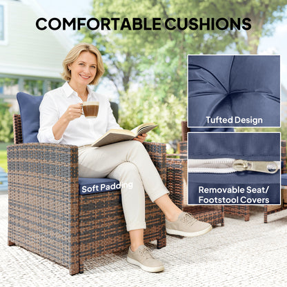 5 Piece Patio Furniture Set, Wicker Patio Chairs with Ottomans, 2-Tier Glass Coffee Table and Cushions, Brown/Dark Blue