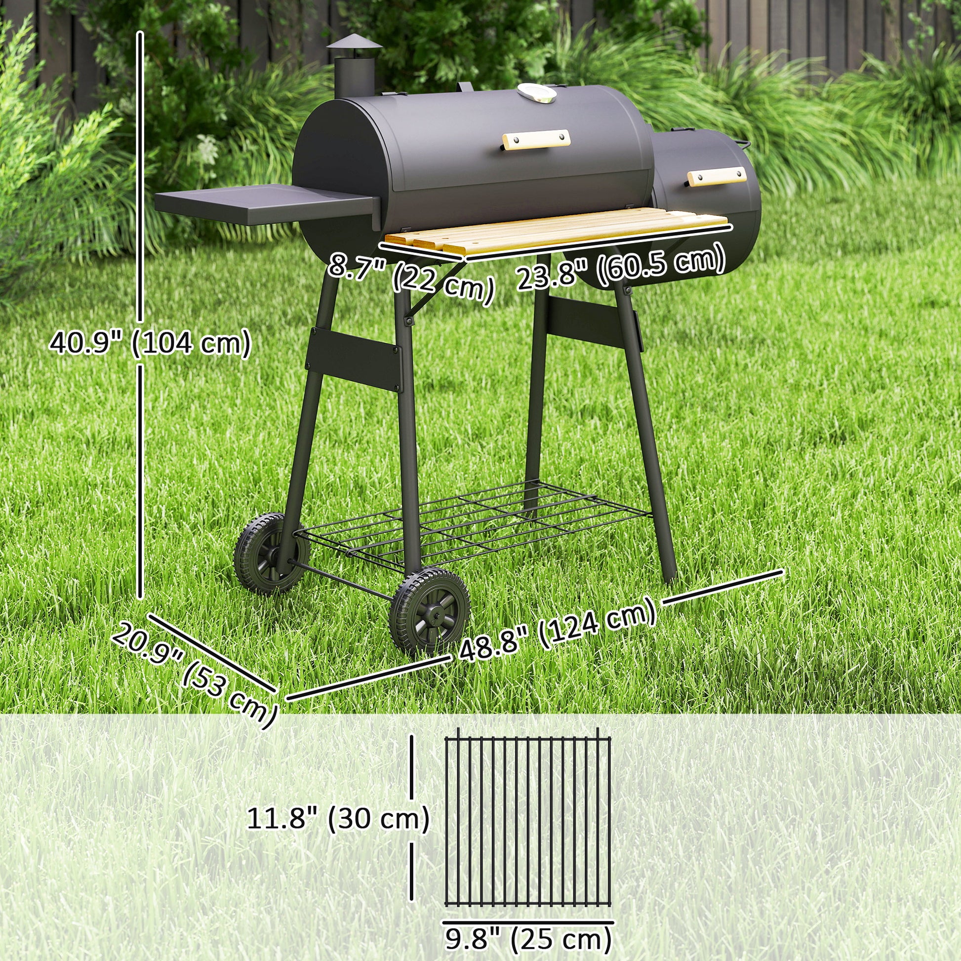 Charcoal BBQ Grill with Offset Smoker Portable Backyard Cooking Smoker, 124 x 53 x 104 cm, Black