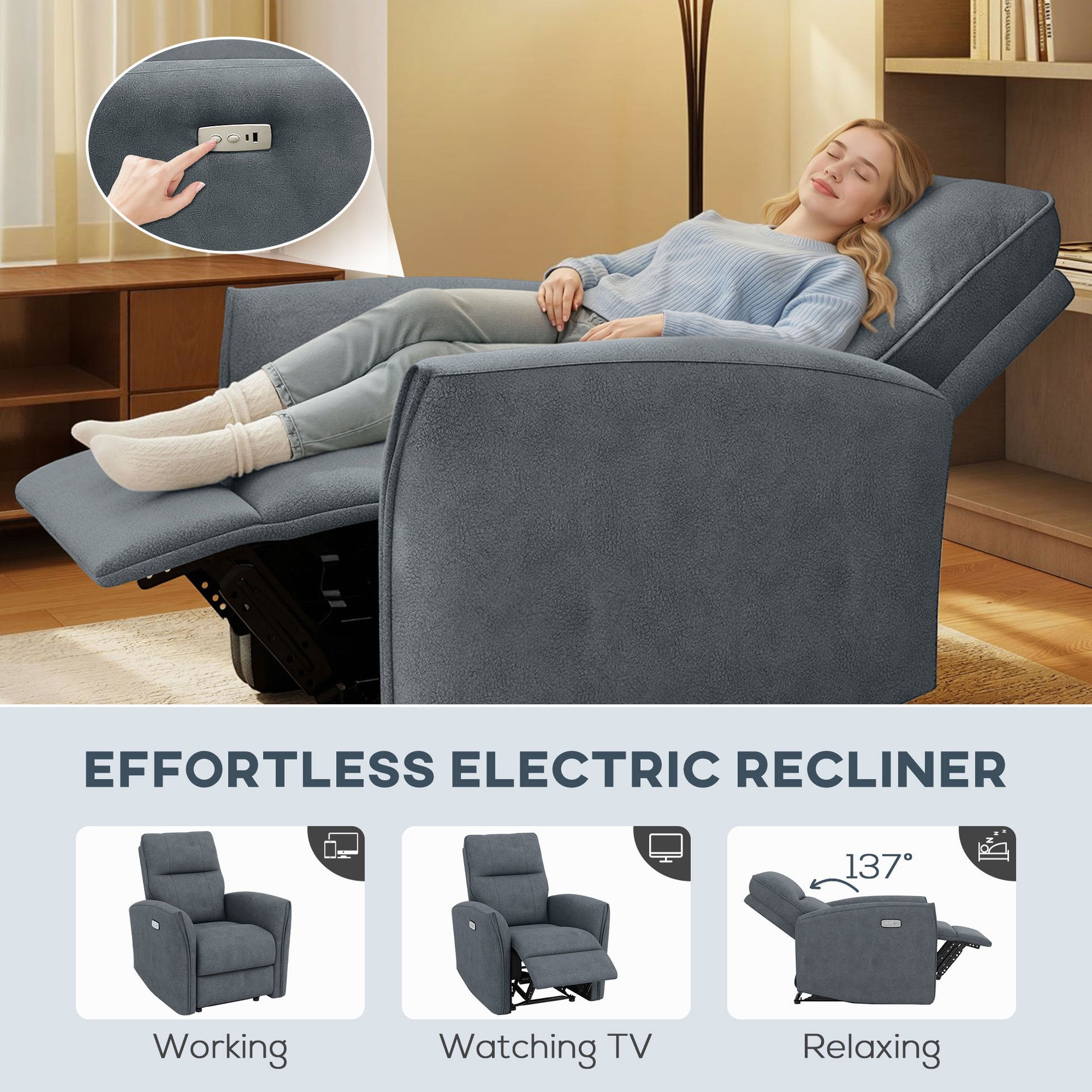 Power Recliner Chair, Fabric Upholstered Recliner Chair with USB Ports, Footrest, Charcoal Grey