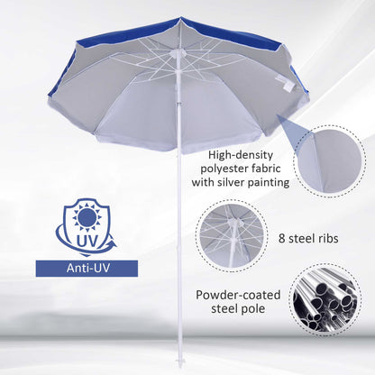 6.7ft Beach Umbrella with Push Button Tilt, Ruffled Outdoor Umbrella with Carry Bag and 8 Ribs, Blue