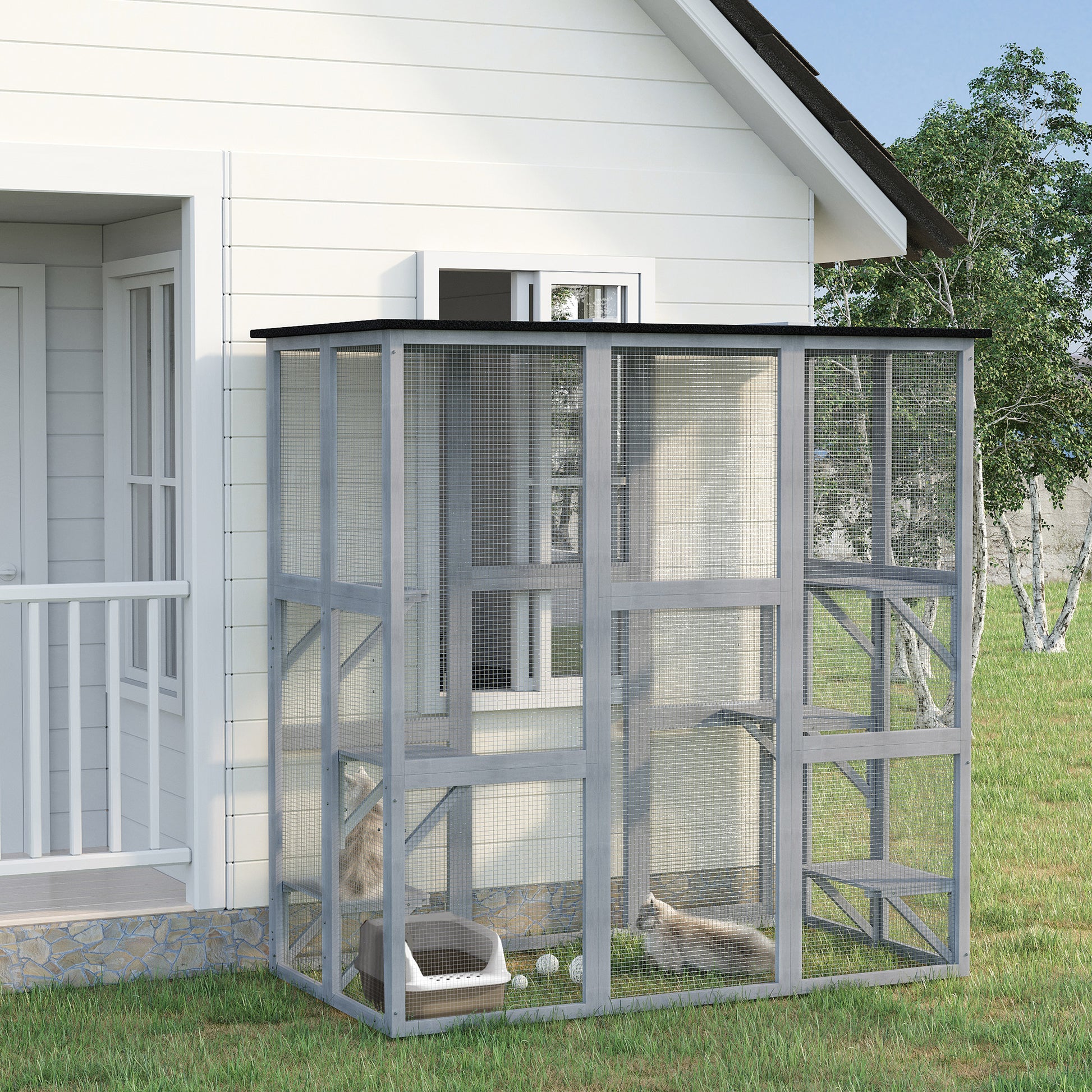 Large Outdoor Catio Enclosure, Weatherproof Cat House with Asphalt Roof, Wooden Cat Patio Cage with 6 Balanced Platforms, 71" x 39" x 71", Grey