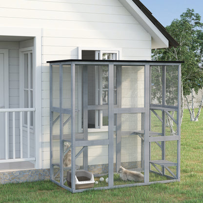 Large Outdoor Catio Enclosure, Weatherproof Cat House with Asphalt Roof, Wooden Cat Patio Cage with 6 Balanced Platforms, 71" x 39" x 71", Grey