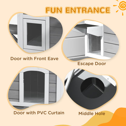 2-Storey Outdoor Cat House, Wooden Catio with Openable Roof, Lounge Space, Fun Entrances, for Feral Cats, Grey