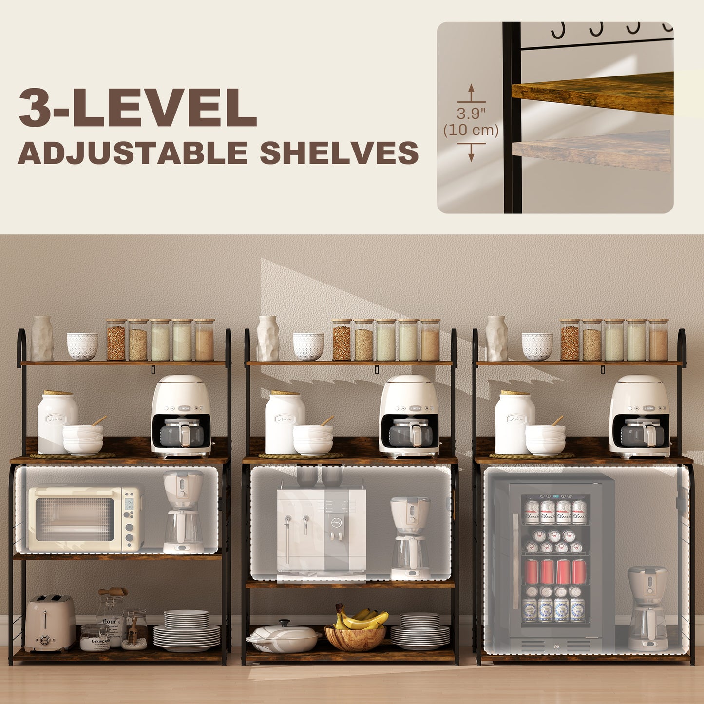 Baker's Rack with Charing Station, Microwave Shelf with Power Outlet, USB Charger and 4 Hooks, Rustic Brown