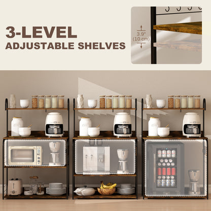 Baker's Rack with Charing Station, Microwave Shelf with Power Outlet, USB Charger and 4 Hooks, Rustic Brown
