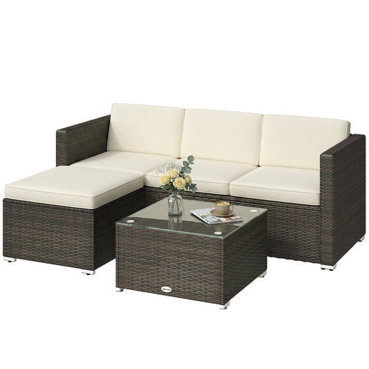 3 Pieces Patio Furniture Set with Cushions, Outdoor PE Rattan Wicker Conversation Corner Sofa Set with Glass Top Table and Adjustable Foot for Garden, Lawn, Cream White