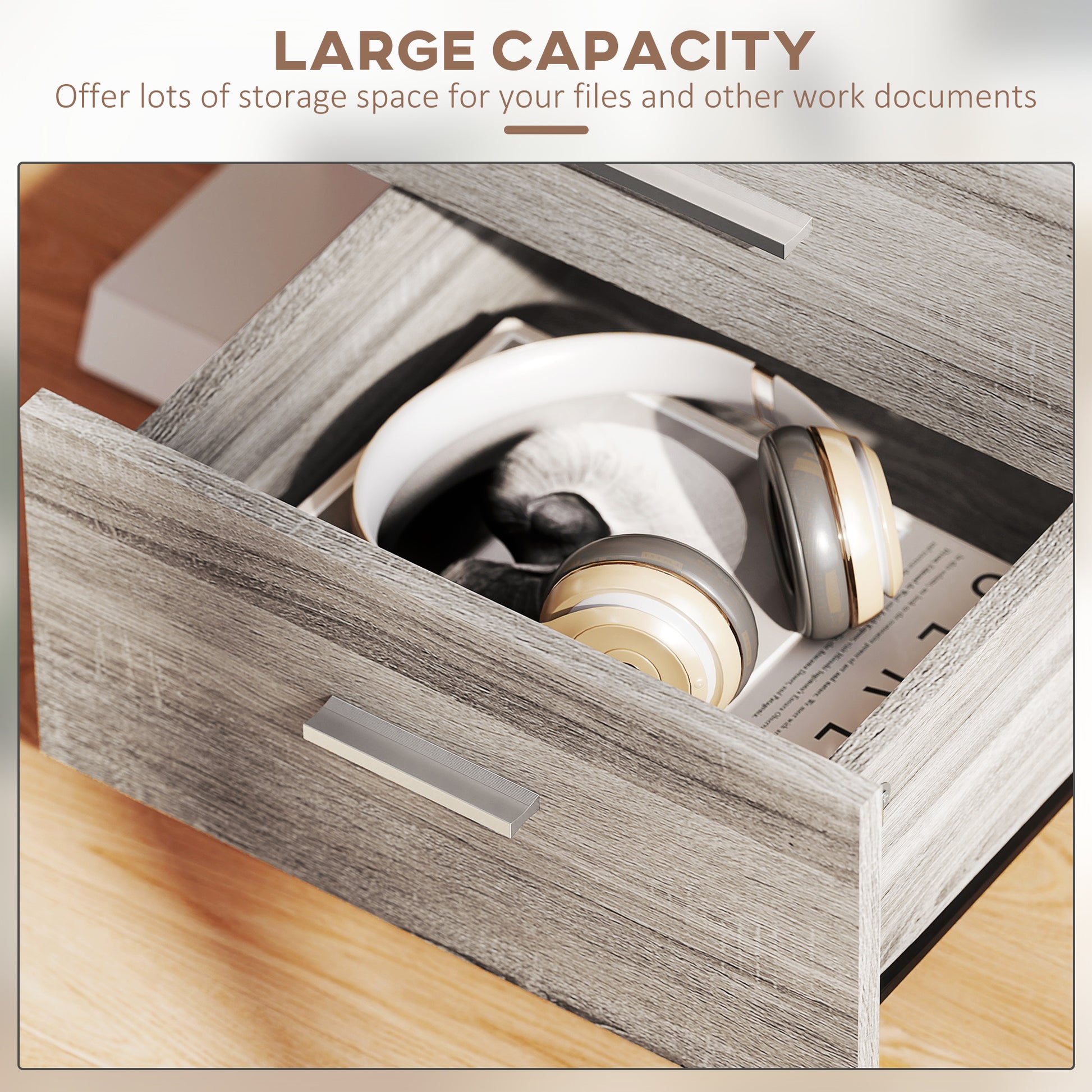 Mobile Filing Cabinet with Wheels, 3 Drawer File Cabinet with Lock and Keys for Home Office, Grey Wood Grain