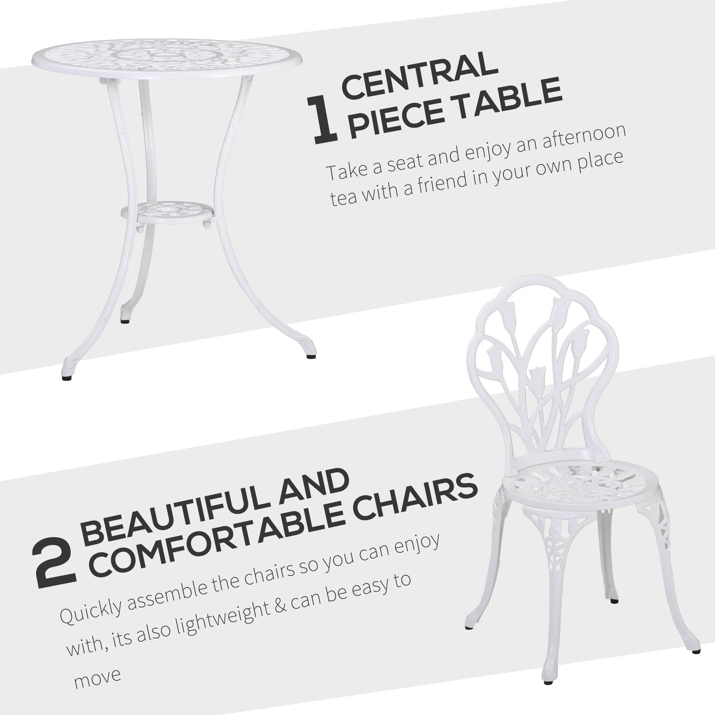 3 Pieces Patio Bistro Set, Outdoor Cast Aluminum Garden Table and Chairs with Umbrella Hole for Balcony, White