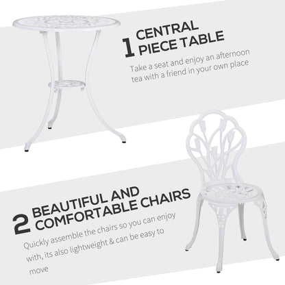 3 Pieces Patio Bistro Set, Outdoor Cast Aluminum Garden Table and Chairs with Umbrella Hole for Balcony, White