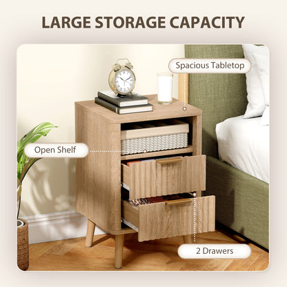 Nightstands Set of 2, Modern Bedside Tables with Charging Station, 2 Drawers and Open Shelf, Oak