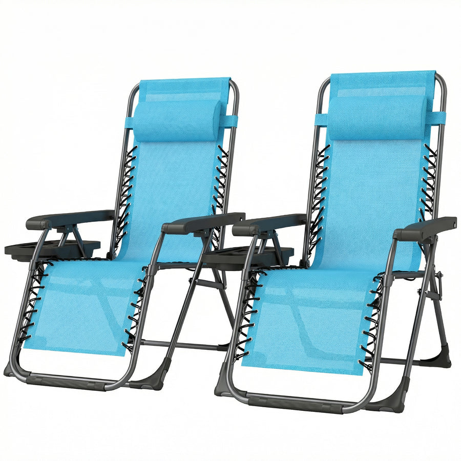 Zero Gravity Chair Set of 2, Folding Reclining Outdoor Lounge Chair with Cup Holder, Headrest, Sky Blue