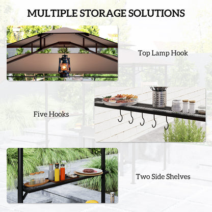 8' x 7.6' Grill Gazebo, Double Tiered Barbecue Grill Gazebo Shelter w/ Side Awning, 2 Side Shelves, 6 Hooks, Brown
