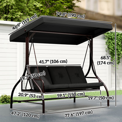 Convertible Patio Swing Bed with Canopy and Cushions, 3 Seater Porch Swing for Outdoor, Backyard, Garden, Black