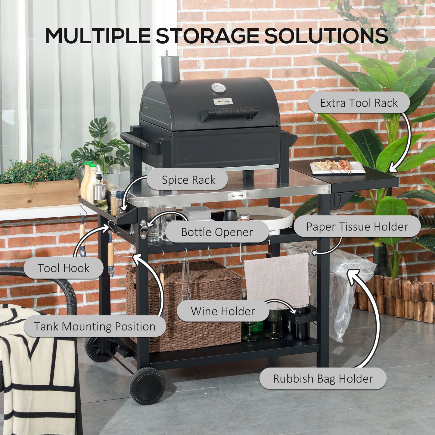 3-Shelf Outdoor Grill Cart Table with Foldable Side Table and Stainless Steel Table Top, Pizza Oven Stand on Wheels