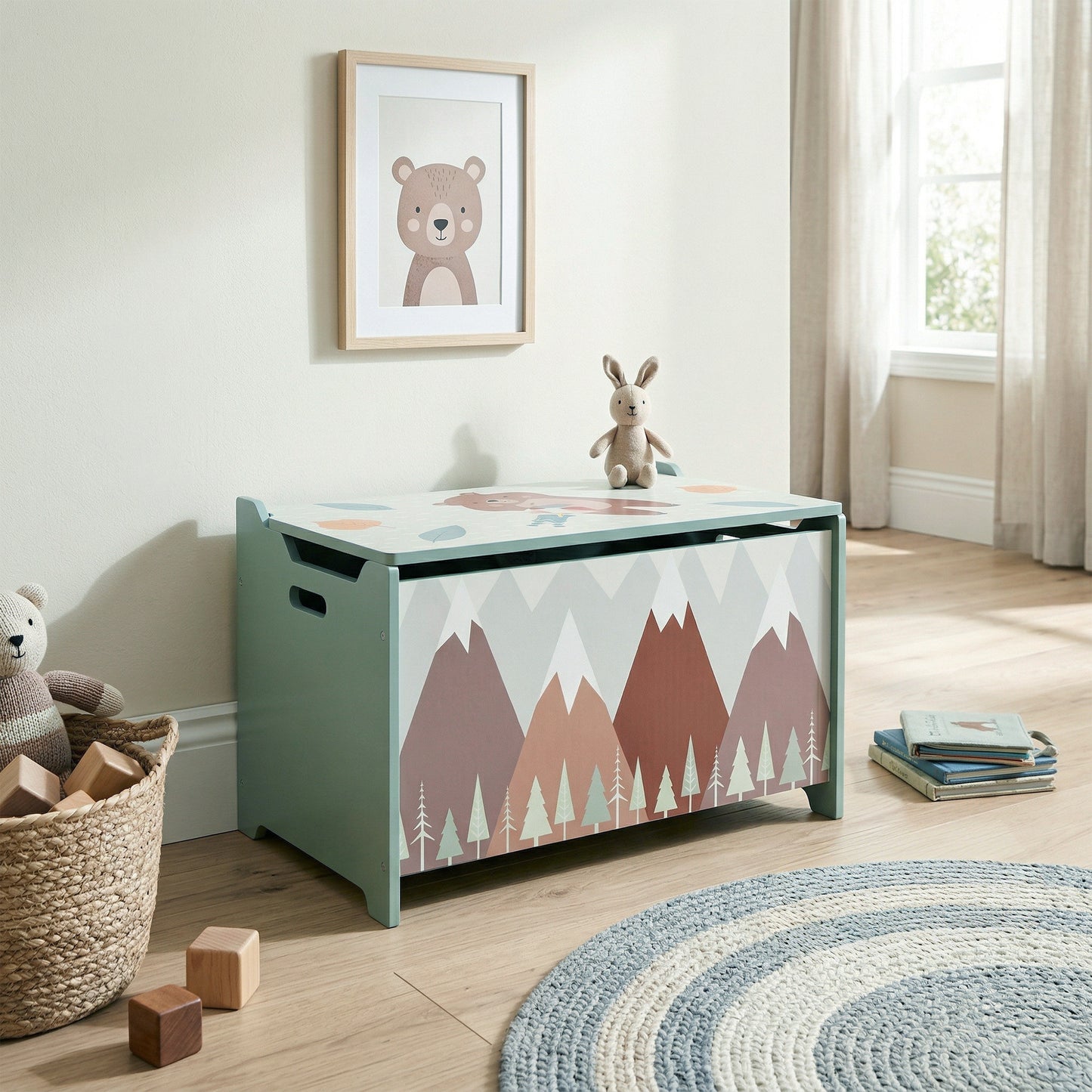 Qaba Toy Box, Kids Storage Chest with Lid, Safety Hinges and Groove Handles, Toy Storage Organizer with Mountain Pattern for Boys, Girls, Green