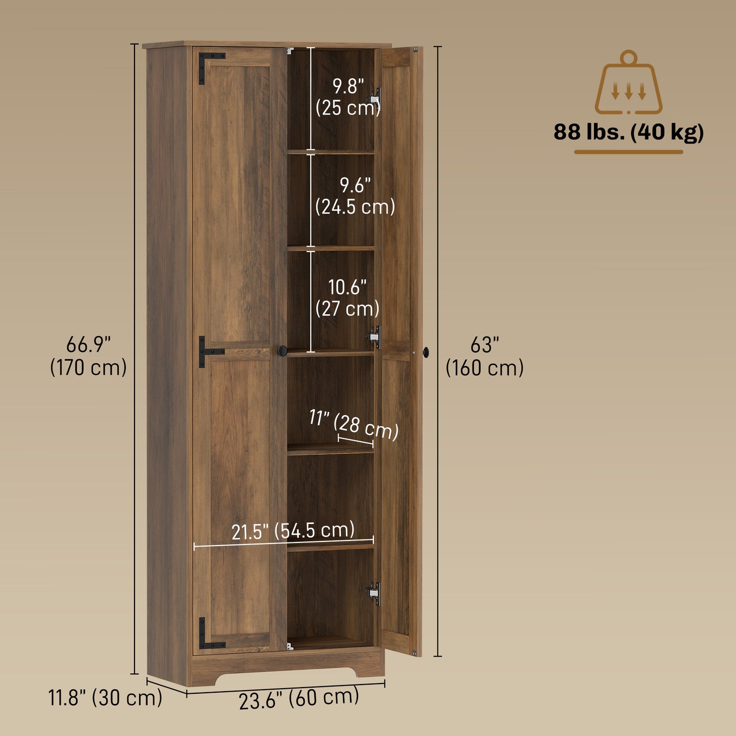 67" Farmhouse Pantry Cabinet with 2 Doors, Tall Storage Cabinet with Adjustable Shelves, Brown Wood Grain
