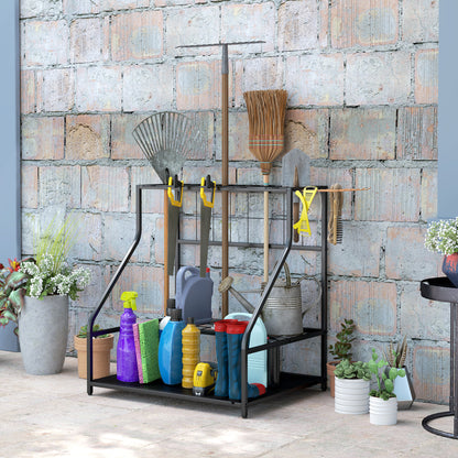 3-Tier Yard Tool Tower Rack, Garden Tool Organizer with Hooks for Long-Handled Rakes, Shovel, Broom, Orange