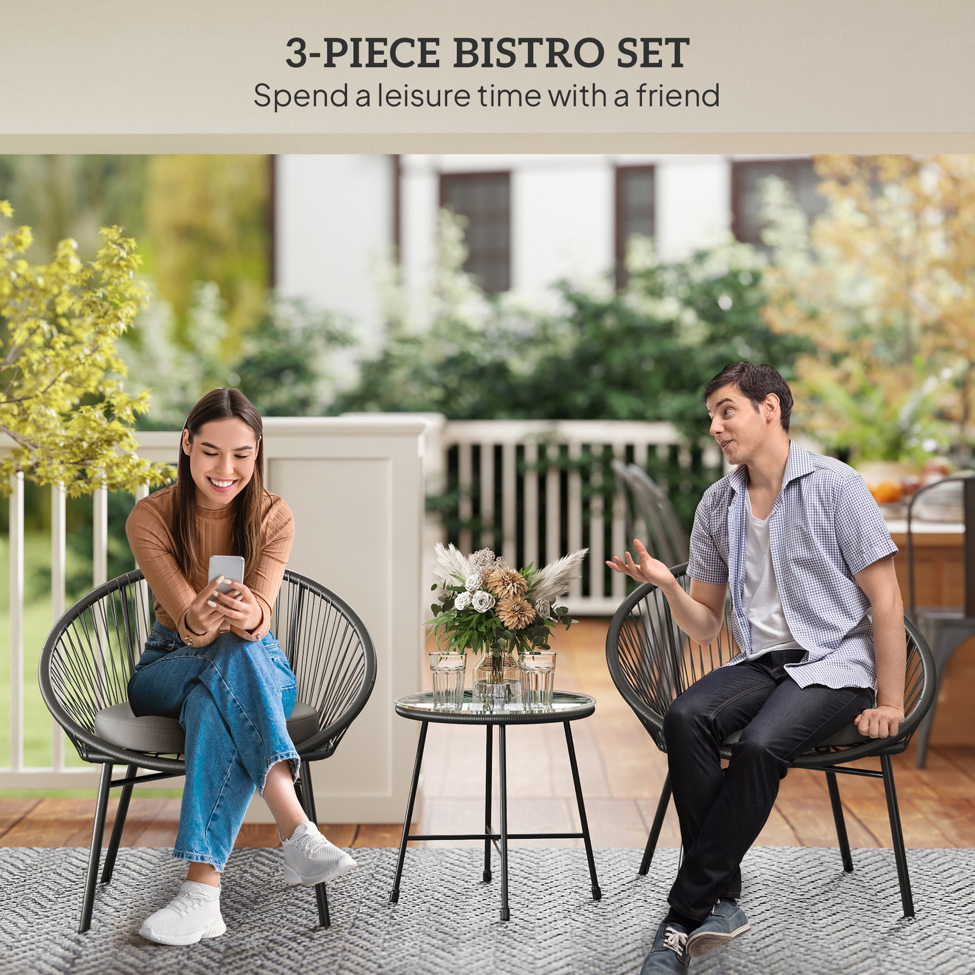 3 Piece Wicker Patio Furniture Set with Soft Seat Cushions, Tempered Glass Tabletop, Bistro Set for Garden, Black